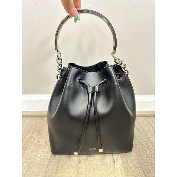 JIMMY CHOO Bon Bon Bucket Black Soft Shiny Smooth Calf Leather Bucket Bag $1750 - Picture 5 of 15